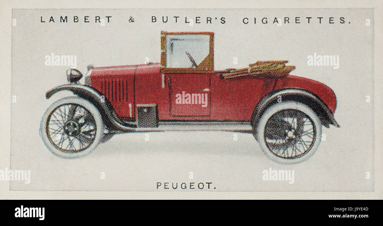 Peugeot Auto Zigarette Karte Lambert & Butler 1922 "Green Back" Serie Nr. 1 von 25 Autos Stockfoto