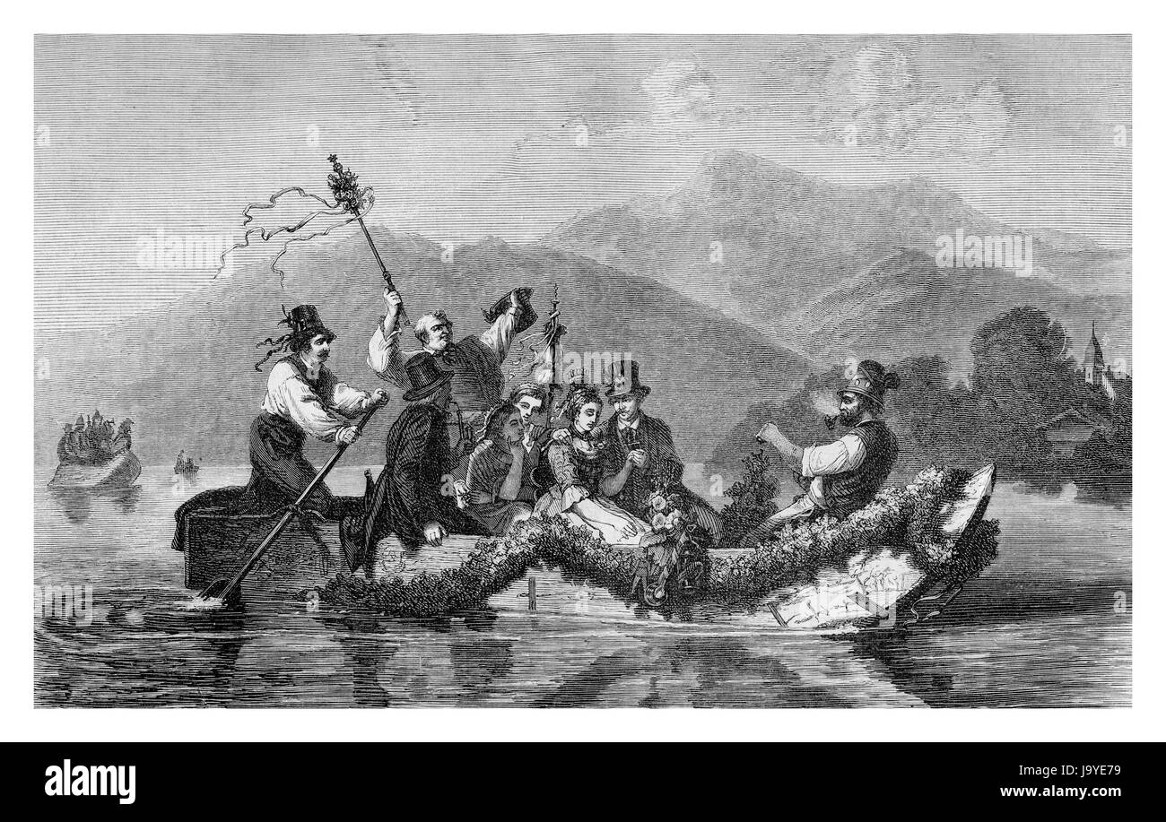 XIX Jahrhundert Abbildung, junge nur Ehepaar zurückbringen nach Hause überqueren eines Sees in einem Blumen dekoriert Boot begleitet von glückliche Gäste Stockfoto