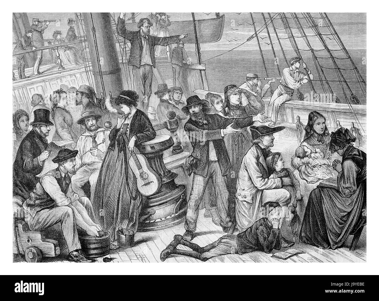 Emigrant Bootsdeck, die mit ihren Familien nach Amerika reist XIX Jahrhundert Gravur Stockfoto