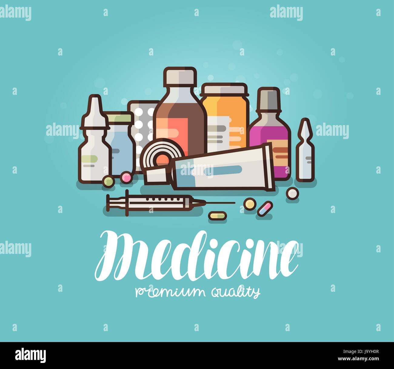Die moderne Medizin Apotheke Banner. Medikamente, Pillen, Flaschen, Pharmazie-Konzept. Cartoon-Vektor-illustration Stock Vektor