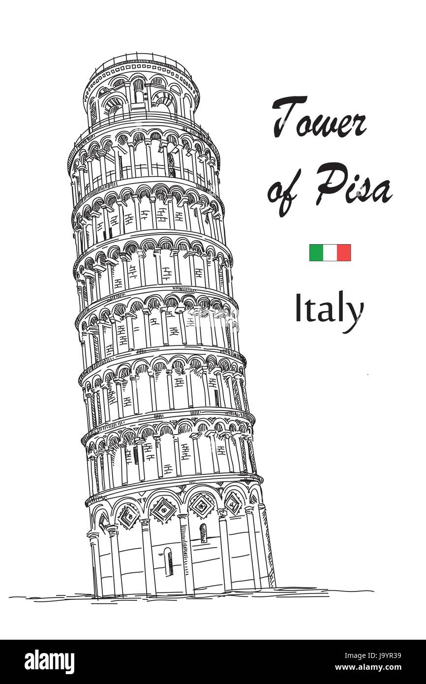 Schiefer Turm von Pisa (Wahrzeichen von Italien) Vektor Handzeichnung Abbildung in schwarz / weiß Stock Vektor