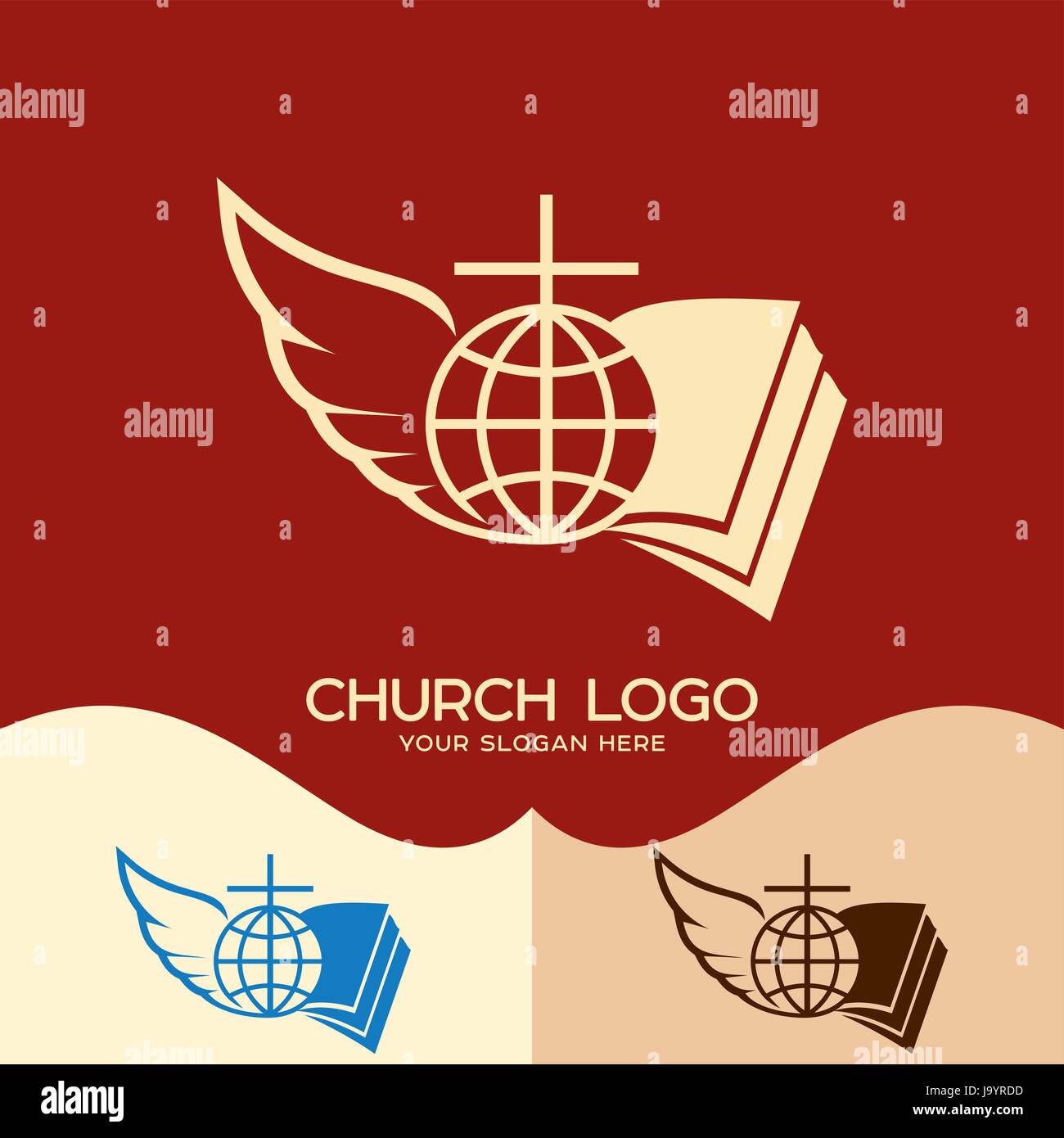 Logo der Kirche. Cristian Symbole. Kreuz von Jesus, Bibel, Globe und Engel Flügel öffnen Stock Vektor