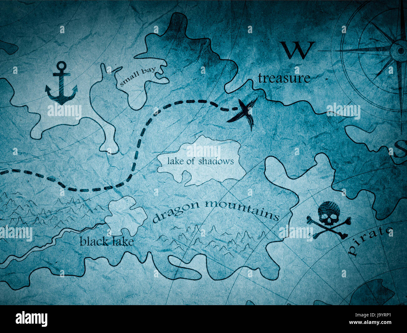 Piraten-Schatzinsel nautische Karte blau getönt Stockfoto