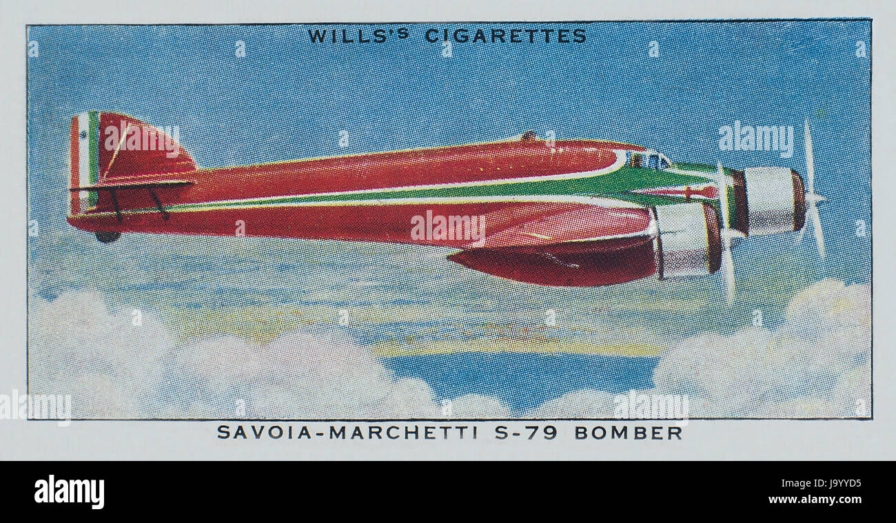 Savoia-Marchetti S-79 Bomber in Testamenten 1938 Speed A Serie No14 Zigarettenkarten Stockfoto