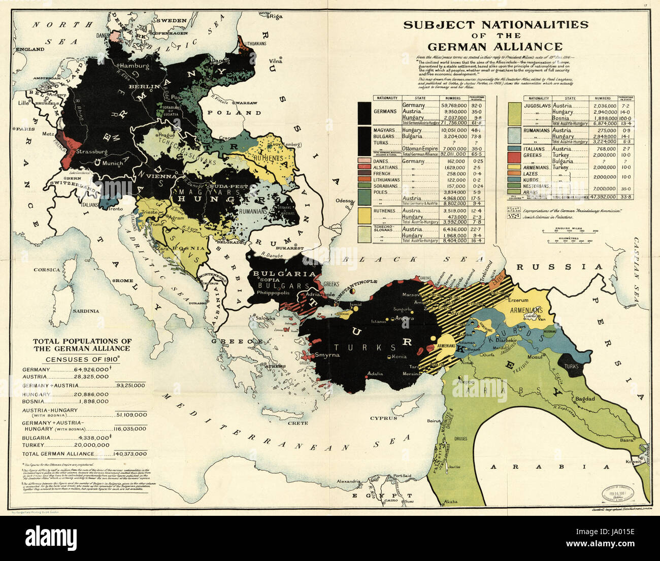 Karte aus deutschen Quellen zeigen Nationalitäten je nach Deutschland und seine Verbündeten am Ende des ersten Weltkrieges, London, England, 1918. Stockfoto