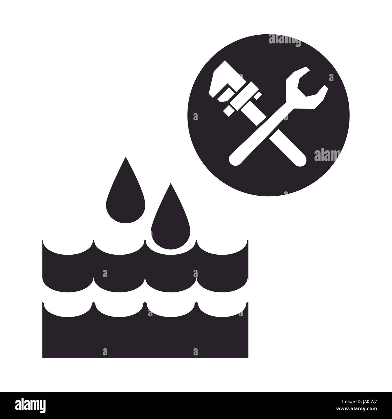 schwarze Silhouette Tropfen fallen ins Wasser mit Schraubenschlüssel-Werkzeuge-Vektor-illustration Stock Vektor