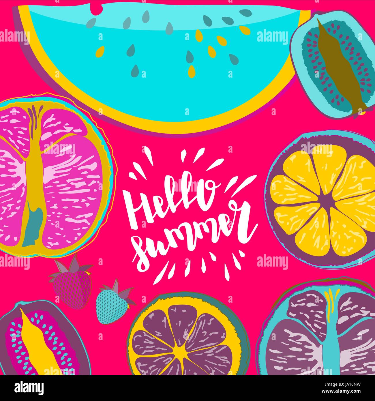 Hallo Sommer Hand Schriftzug niedliche Comic-Schriftart. Saftige bunte tropische Früchte Hintergrund Kiwi, Wassermelone, Zitrone, Orange, Erdbeere, citrus. Vektor Stock Vektor