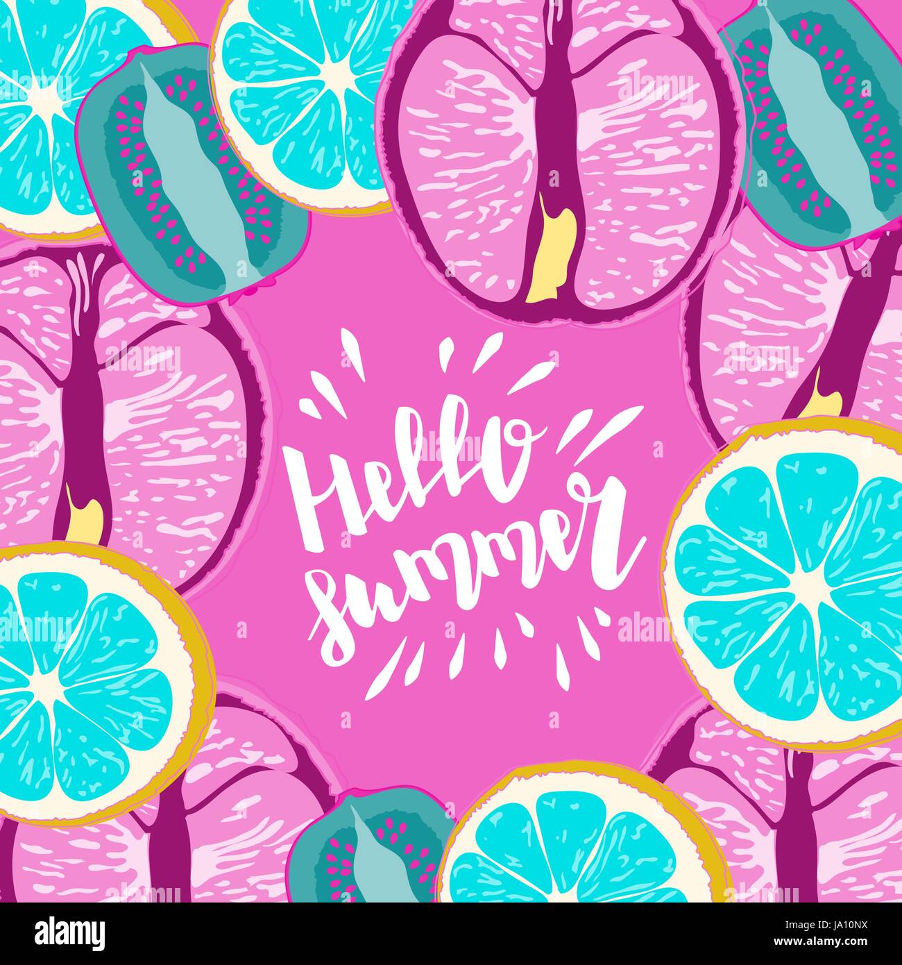 Hallo Sommer Hand Schriftzug niedliche Comic-Schriftart. Saftige bunte tropische Früchte Hintergrund Kiwi, Wassermelone, Zitrone, Orange, Zitrus. Vektor-frische Öko-bi Stock Vektor