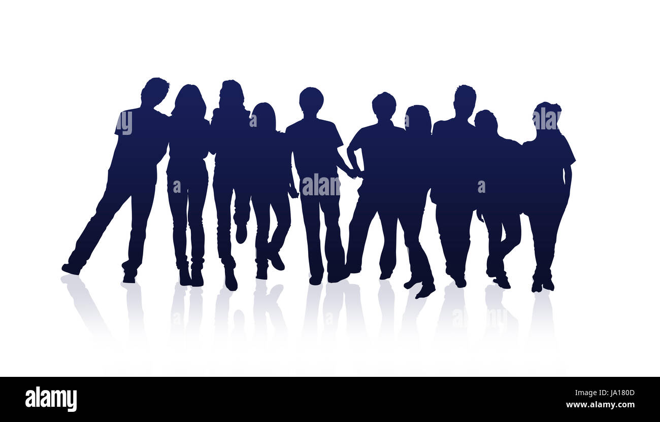 Weiblich, Menge, Auflauf, Gruppe, junge, junge, männliche Jugendliche, Umarmung, bejaht, Stockfoto