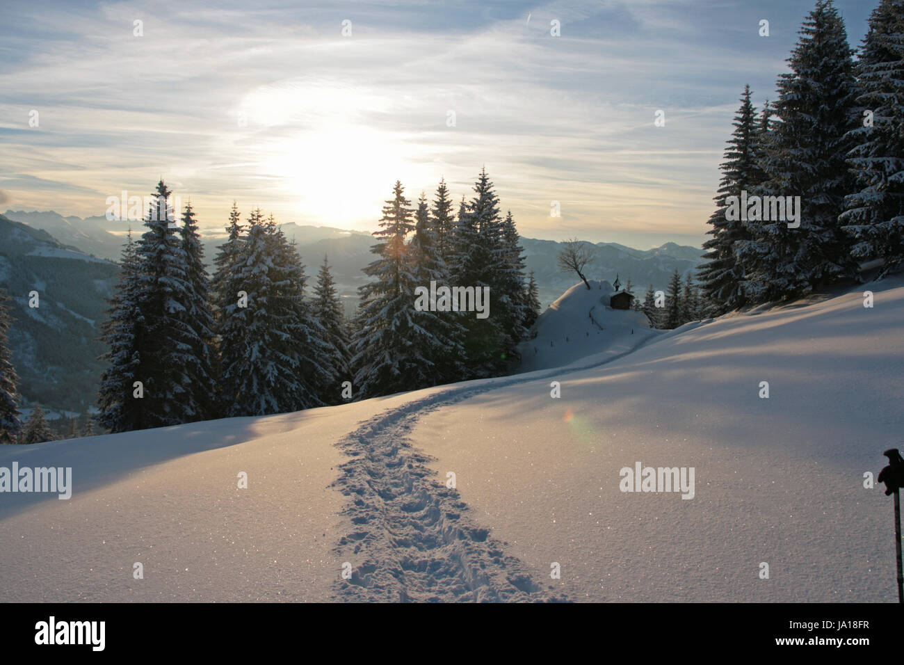 Winterlandschaft mit Spuren im Schnee Stockfoto