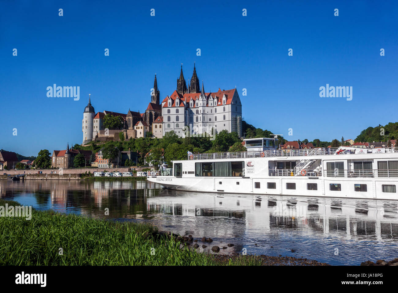 Elbschifffahrt, Schloss Sachsen Meissen Deutschland, Europa Boot auf dem Fluss Stockfoto