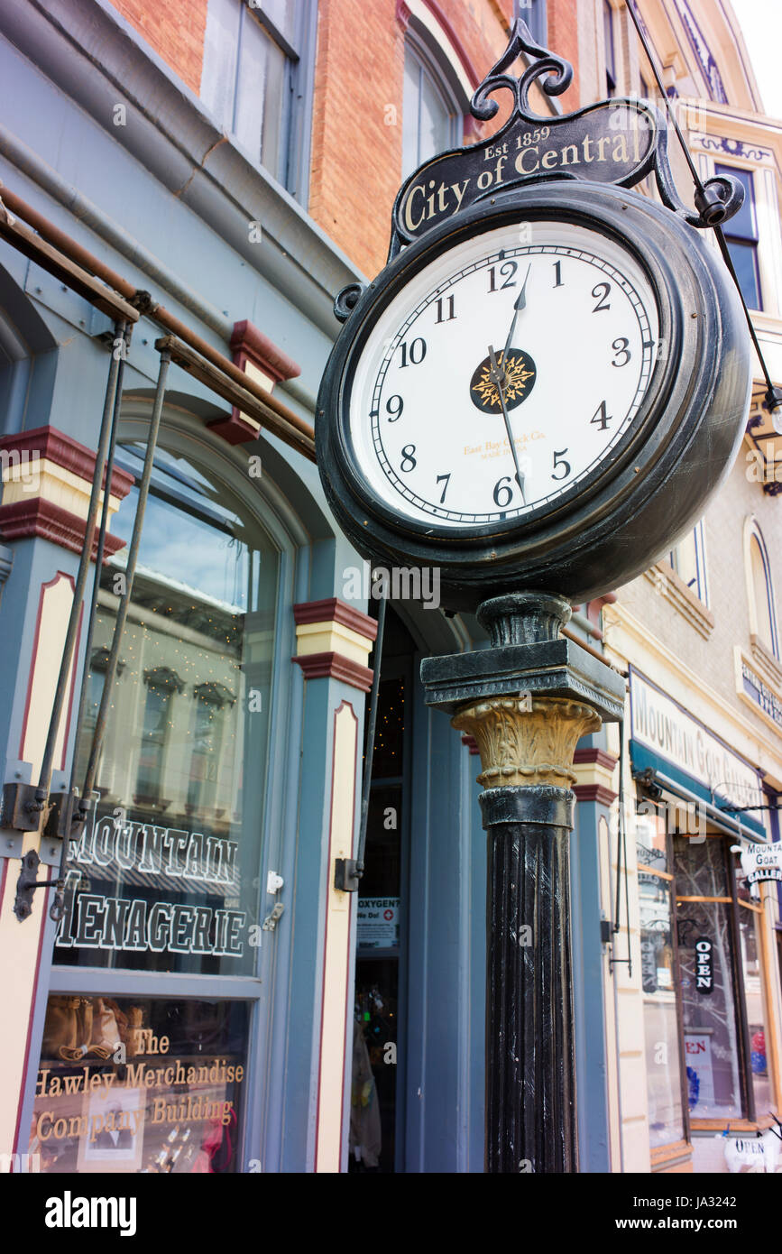 Original Uhr in der zentralen Stadt, die einst als die reichste square mile auf der Erde. Es wurde 1859 während der Pike's Peak Goldrausches gegründet. Stockfoto