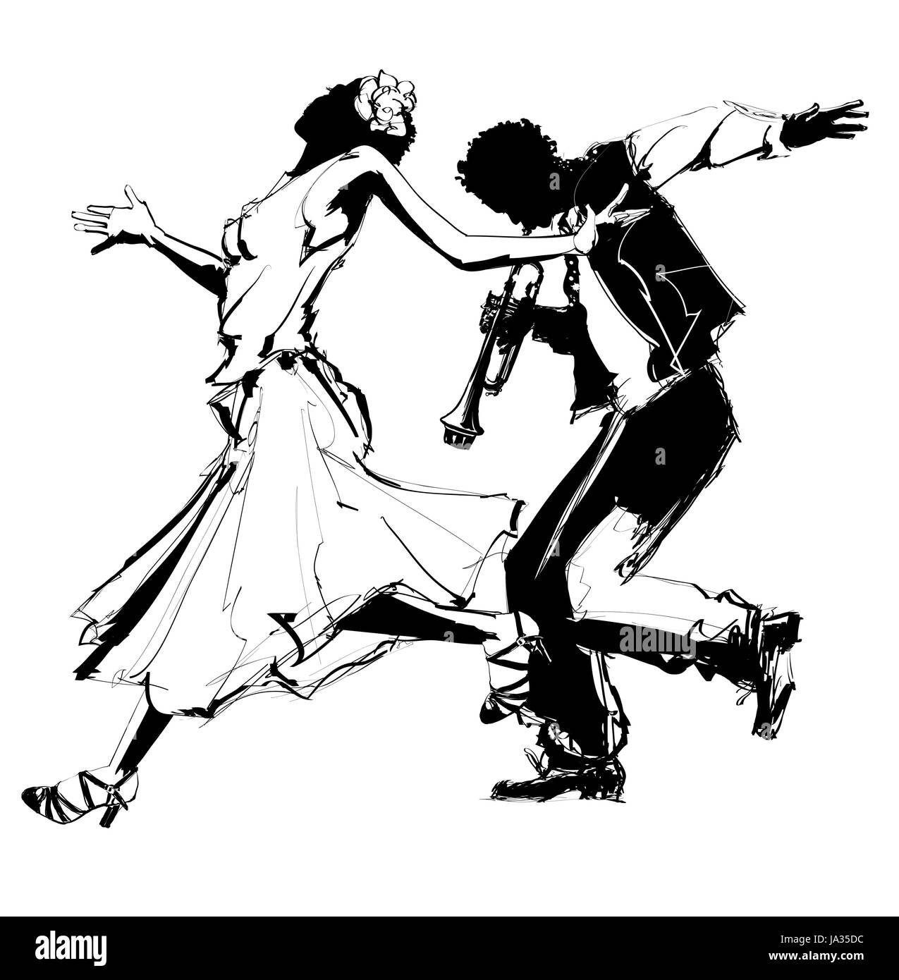 Frau tanzt mit einem Trompeter - Vektor-illustration Stock Vektor