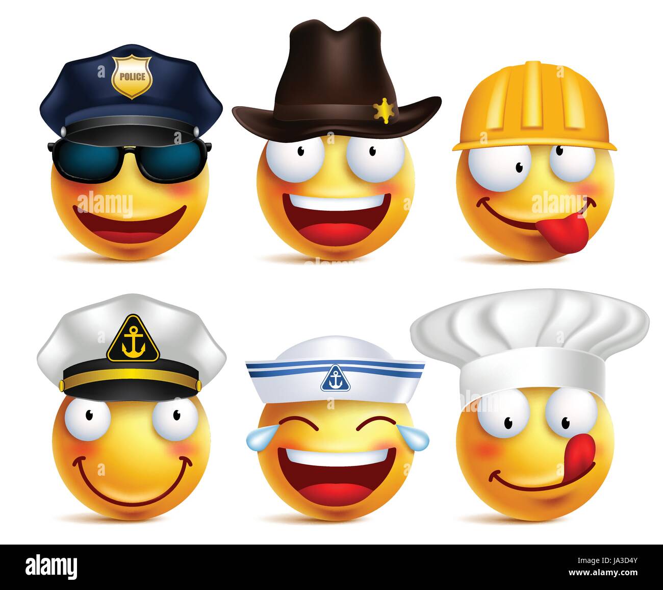Smiley-Gesicht-Vektor-Set der Berufe mit hüten wie Polizei, Seemann, Koch und Bau Arbeiter in weißen Hintergrund isoliert. Vektor-Illustration. Stock Vektor