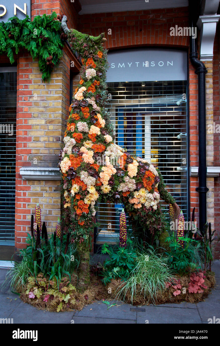 Floral Giraffe, Smythson Beitrag zu Chelsea In Bloom, jährliche Veranstaltung wo speichert ihre Schaufenster mit Blumen schmücken Stockfoto