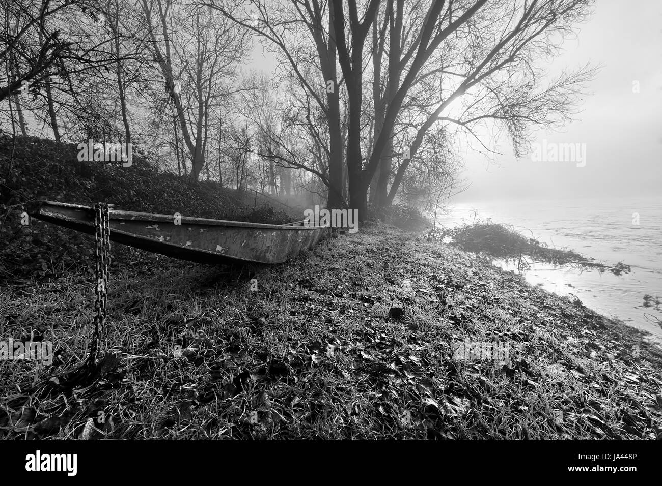 Fluss Ticino im Nebel. Stockfoto