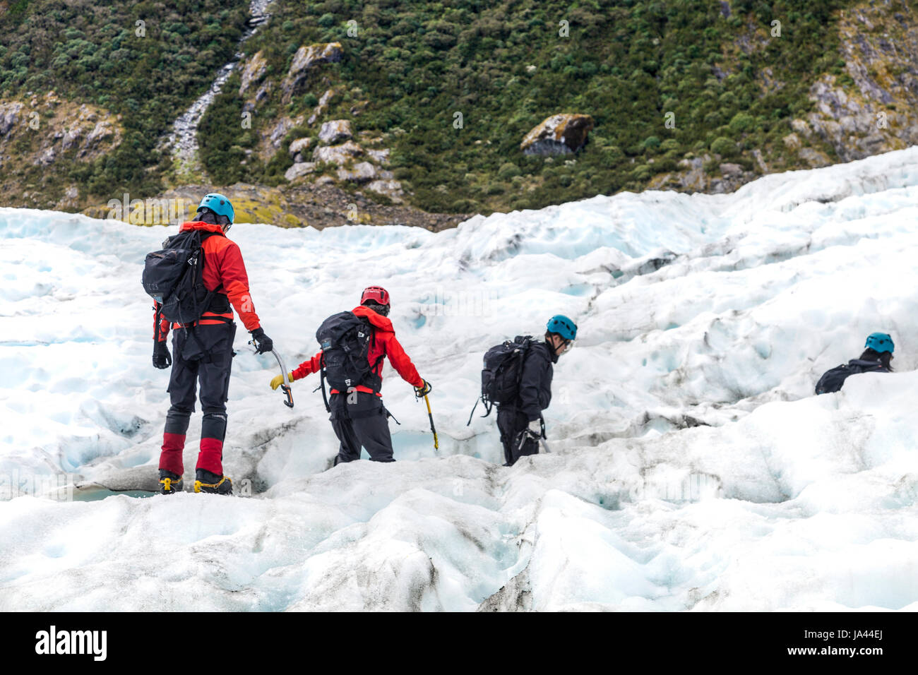 Gruppe von Menschen zu Fuß auf einem Gletscher (Fox Glacier, Südinsel, Neuseeland) Stockfoto