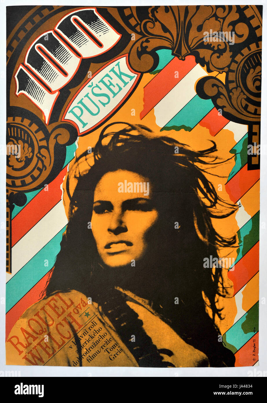 100 Gewehre. Tschechoslowakische Filmplakat für amerikanischer Film mit Burt Reynolds, Raquel Welch, Jim Brown. 1969. Stockfoto