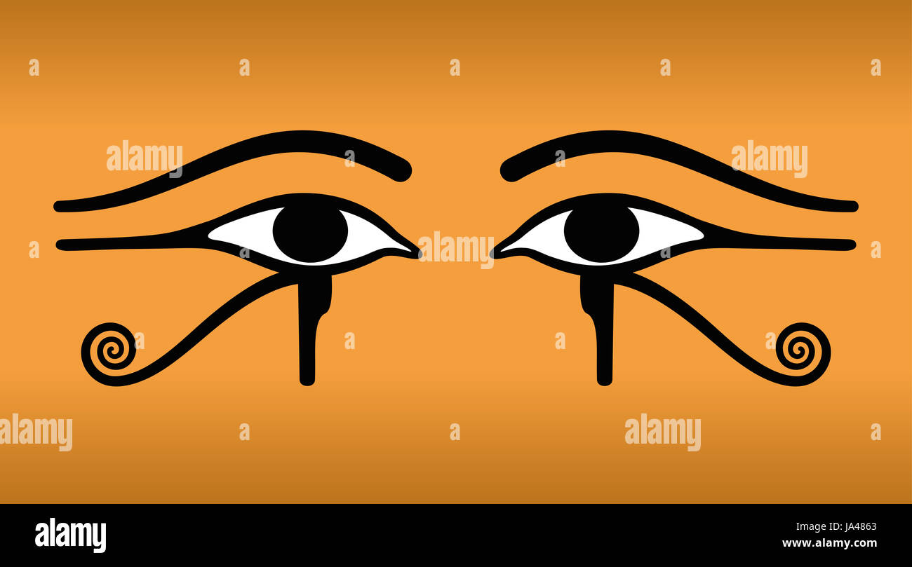 Die Augen des Horus auf sandfarbenem Hintergrund. Wedjat, das Ägyptisches Symbol des Schutzes, Königsmacht und guter Gesundheit der Göttin Wadjet. Stockfoto