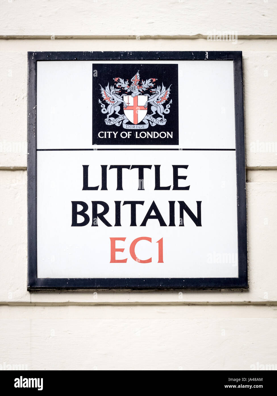 Schild für Little Britain in der City von London, Großbritannien Stockfoto
