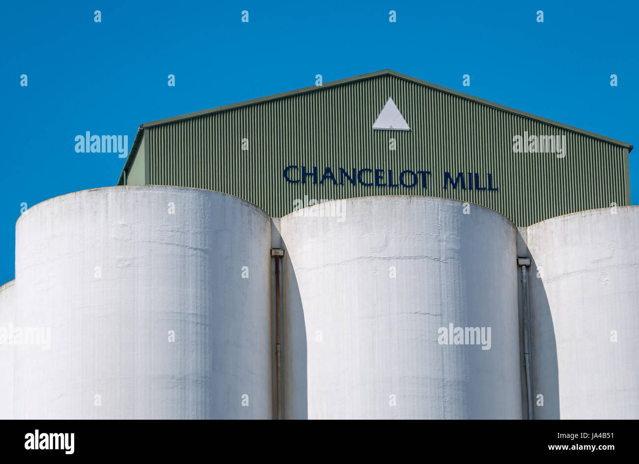Nahaufnahme der Chancelot Mill, Newhaven, Edinburgh, Schottland, Großbritannien, mit großen weißen Silos an sonnigen Tagen mit blauem Himmel Stockfoto