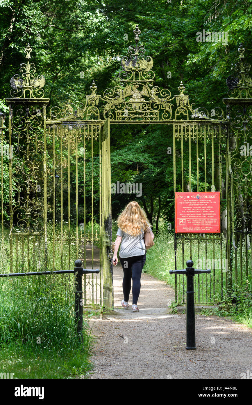Eine Studentin durchläuft das Eingangstor von den 'Rücken' St John's College, Universität Cambridge, England. Stockfoto