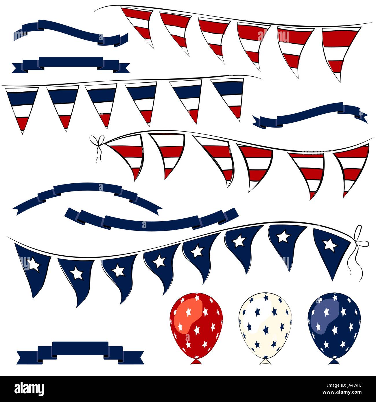 4. Juli Dekorationen Vektorelemente. Independence Day-Wimpel-Banner, Ballons und Bänder-set Stock Vektor