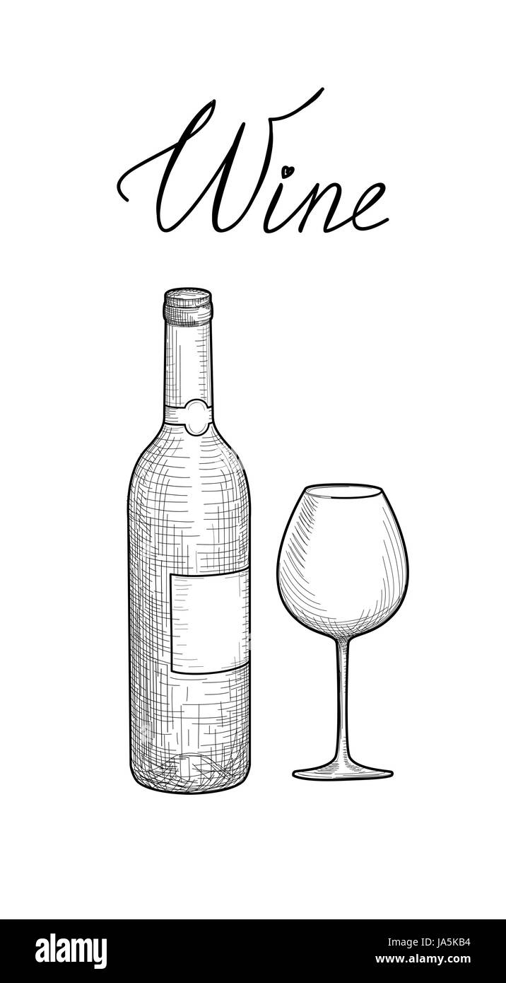 Wein und Glas Rotwein Flasche. Gravur Abbildung Wineglass