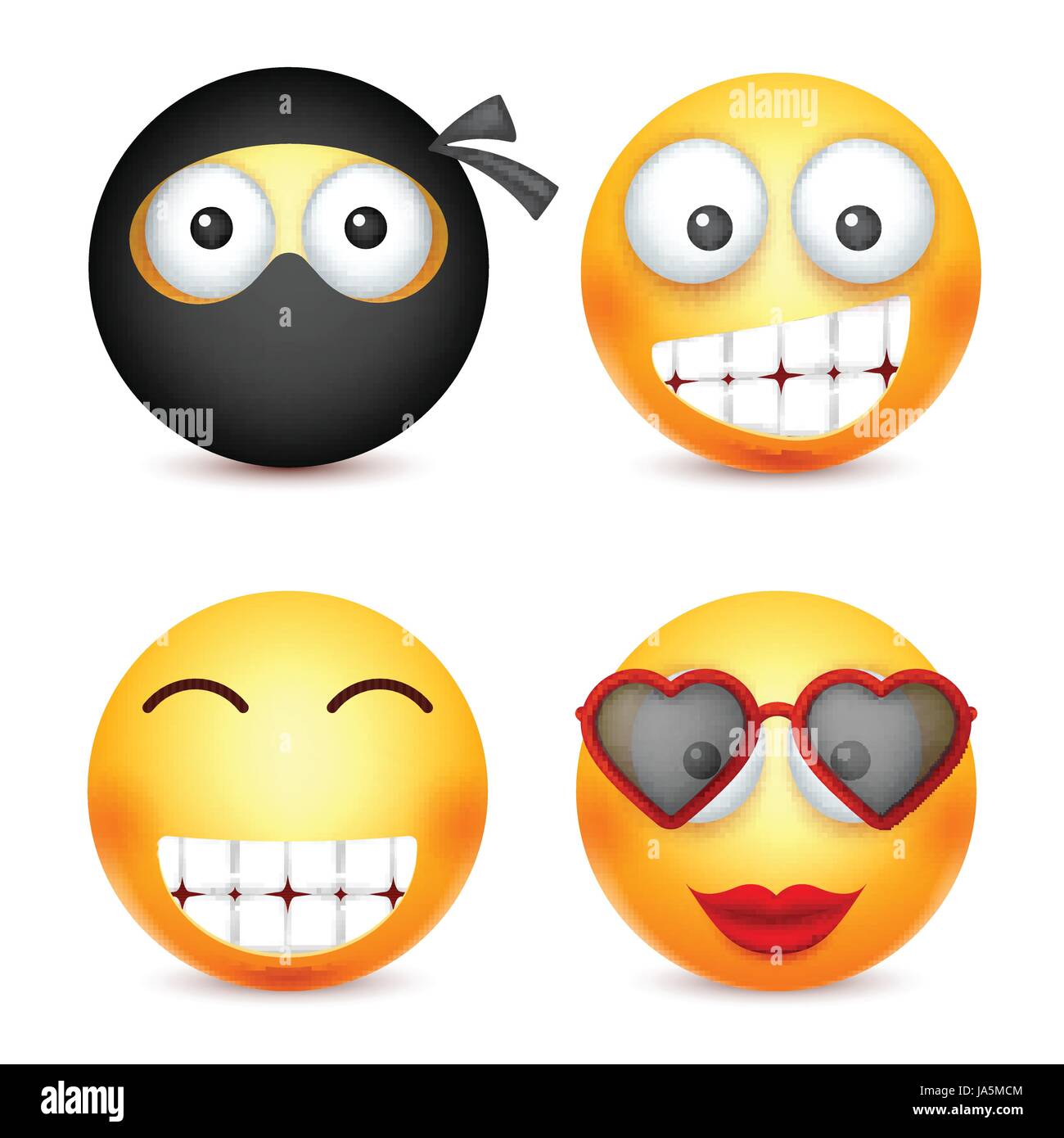Smiley gesetzt, Ninja, happy Emoticon. Gelbes Gesicht mit Emotionen. Gesichtsausdruck. 3D realistisch Emoji. Lustige Comic-Figur. Stimmung. Web-Symbol. Vektor-Illustration. Stock Vektor