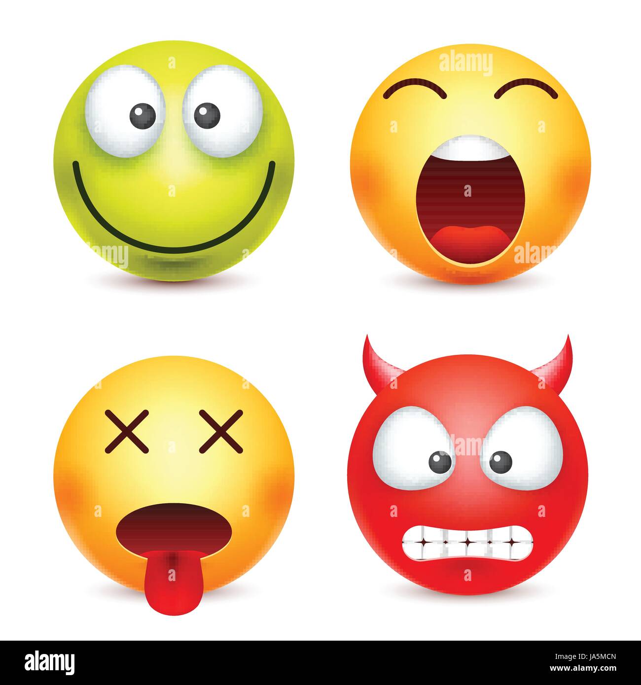 Smiley-Set, grün, Happz, Teufel Emoticon. Gelbes Gesicht mit Emotionen. Gesichtsausdruck. 3D realistisch Emoji. Lustige Comic-Figur. Stimmung. Web-Symbol. Vektor-Illustration. Stock Vektor