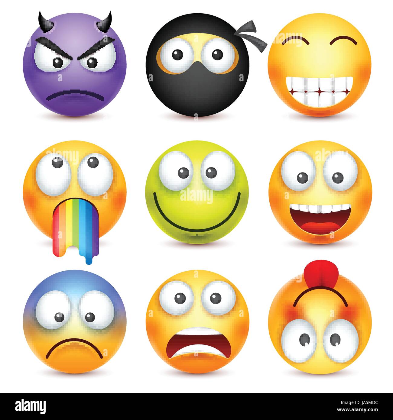 Smiley-Set. Teufel, fröhlich, ängstlich, traurig Emoticon. Gelbes Gesicht mit Emotionen. Gesichtsausdruck. 3D realistisch Emoji. Lustige Comic-Figur. Stimmung. Web-Symbol. Vektor-Illustration. Stock Vektor