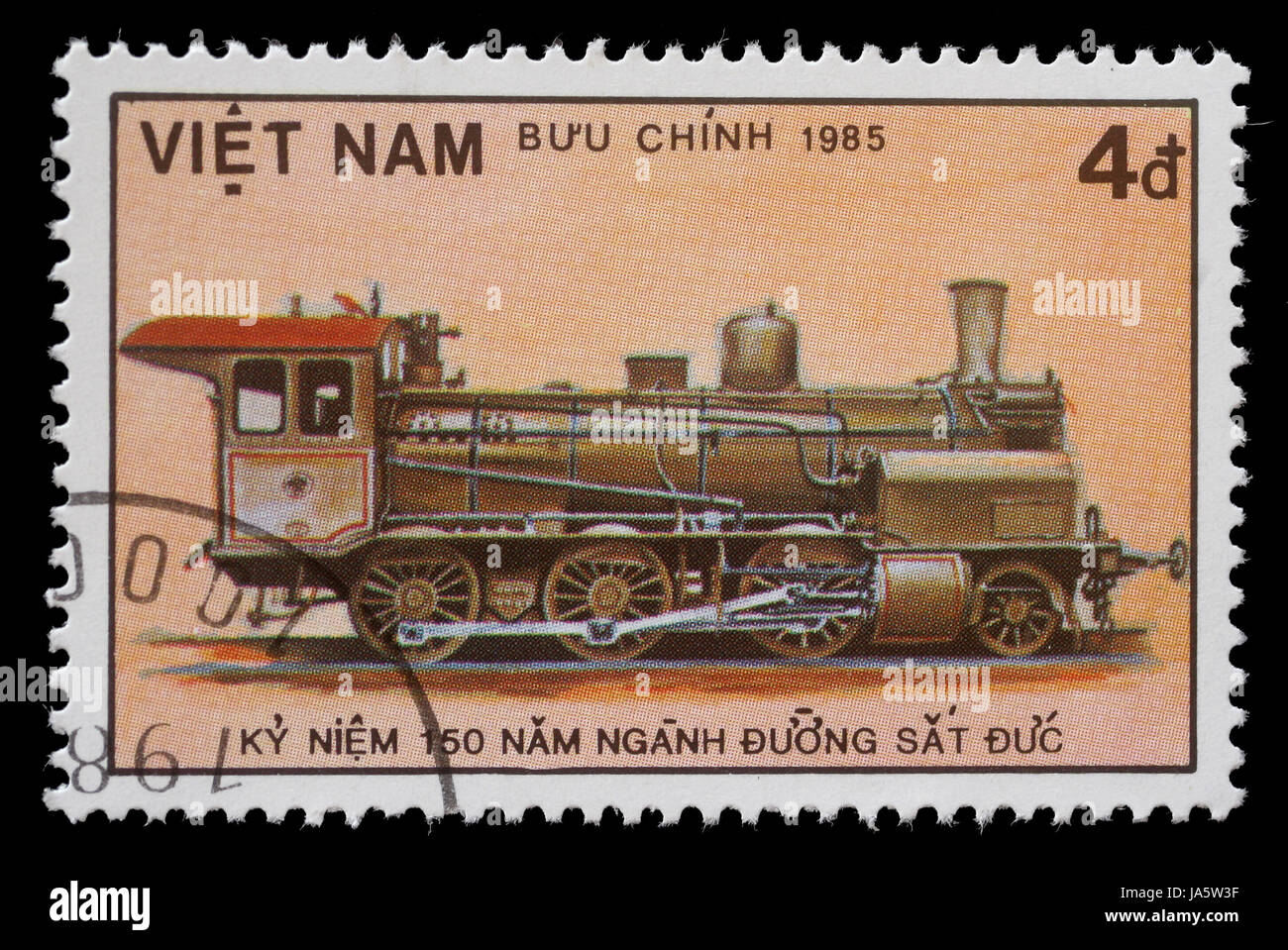 VIETNAM - ca. 1985: Eine Briefmarke gedruckt in Vietnam zeigt Dampf Lok, ca. 1985 Stockfoto