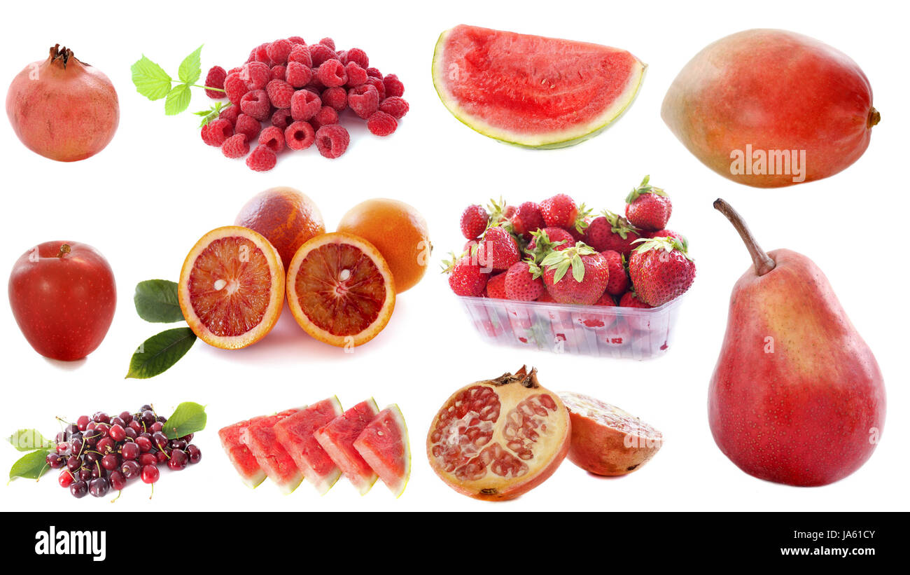 Lebensmittel, Nahrungsmittel, Obst, Birne, Birne, Melone, Wassermelone, Granatapfel, Gruppe, rot, Stockfoto