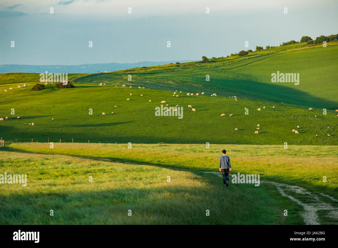 Wanderer auf South Downs Way in der Nähe von Ditchling Beacon, East Sussex, England. Stockfoto