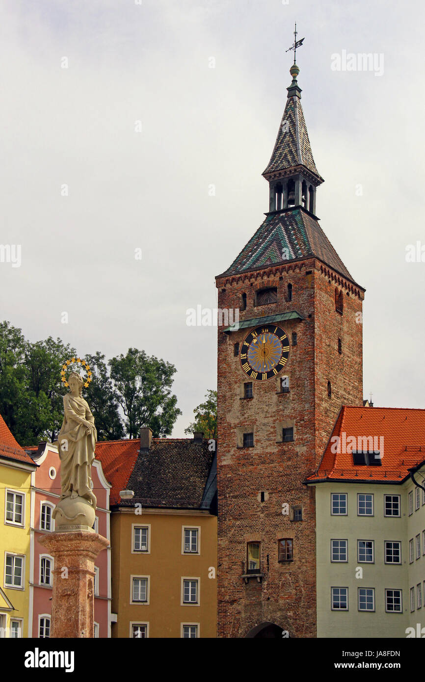 Altstadt, Oberbayern, Hauptplatz, Skulptur, Altstadt, Tor, Durchgang, Tor, Stockfoto