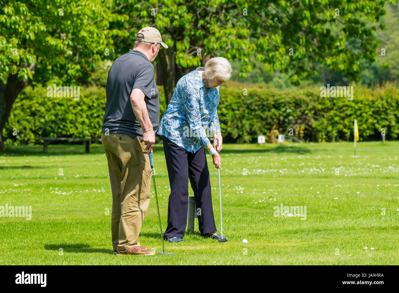 Älteres Paar spielen Minigolf (setzen) im Sommer in Großbritannien. Stockfoto