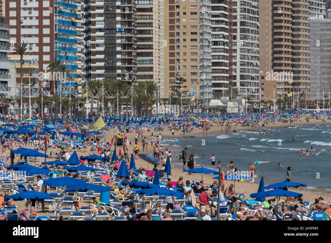 Massen von Urlaubern in Benidorm - Spanien.  Eine Stadt in der Provinz Alicante an der Costa Blanca im Osten Spaniens, an der Mittelmeerküste. Stockfoto