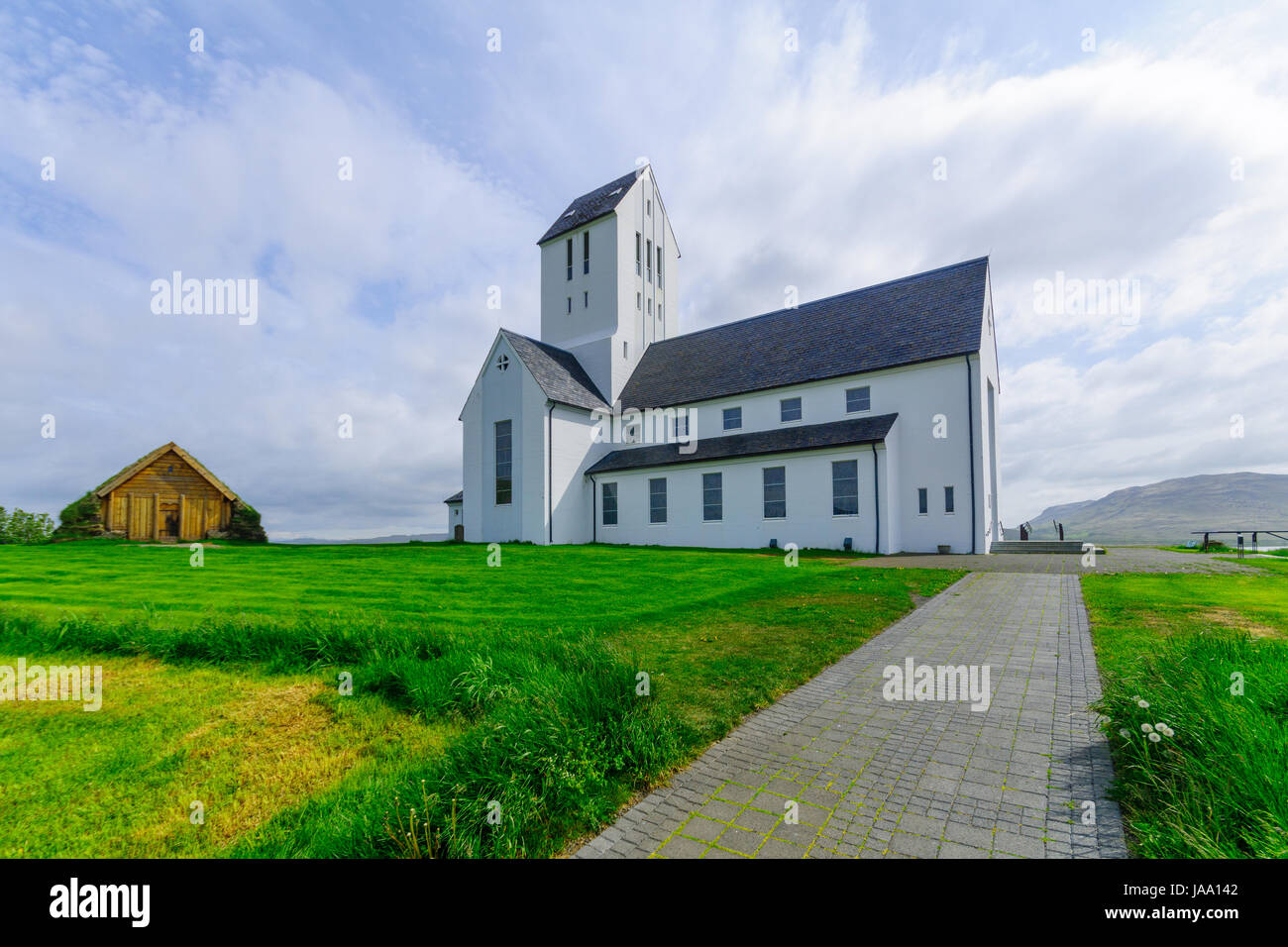 Blick auf den historischen Dom Skalholt, Süden Islands Stockfoto