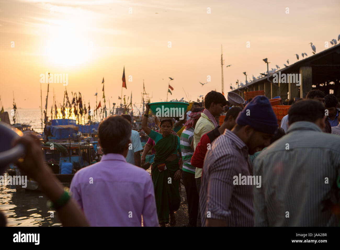 Eine Frau, die eine Schale mit frischem Fisch auf dem Kopf bei Sassoon Docks, Mumbai, Indien. Stockfoto