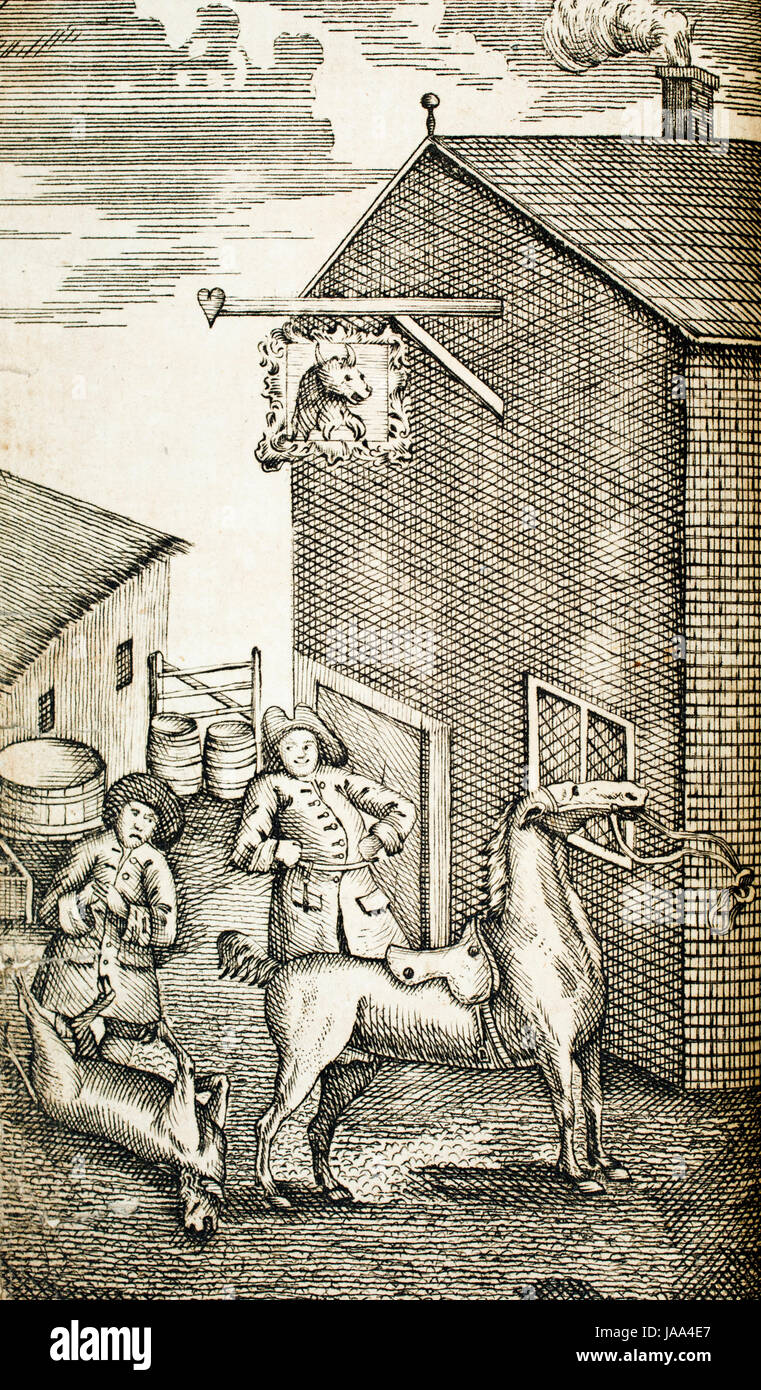 Literatur, 1775 Tim Bobbin Lancashire Dialekt Buch Line Gravur Abbildung Männer vor Gasthaus mit Pferd Stockfoto