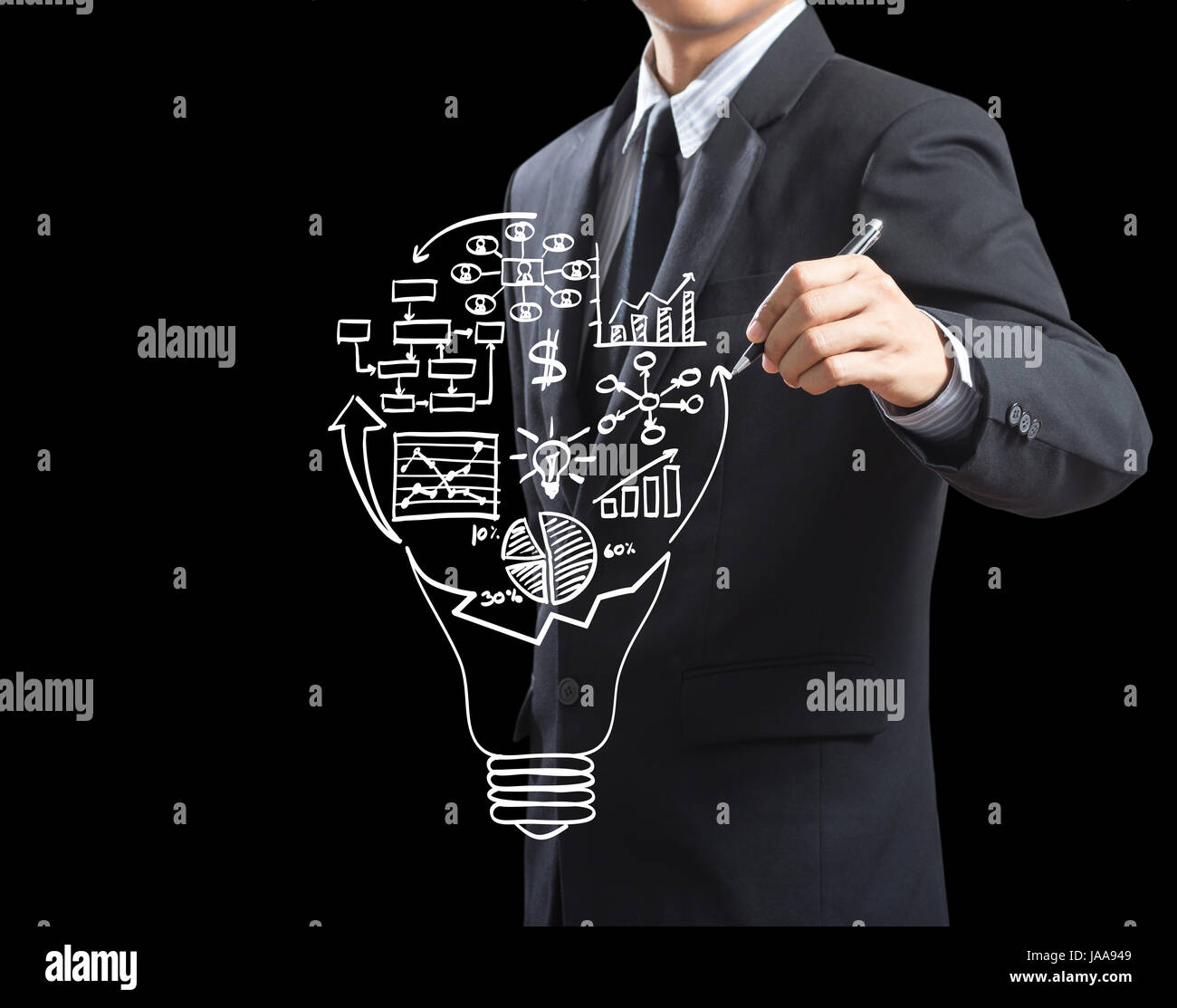 Erstellung Businessplan Strategie Glühbirne Geschäftsmann Stockfoto