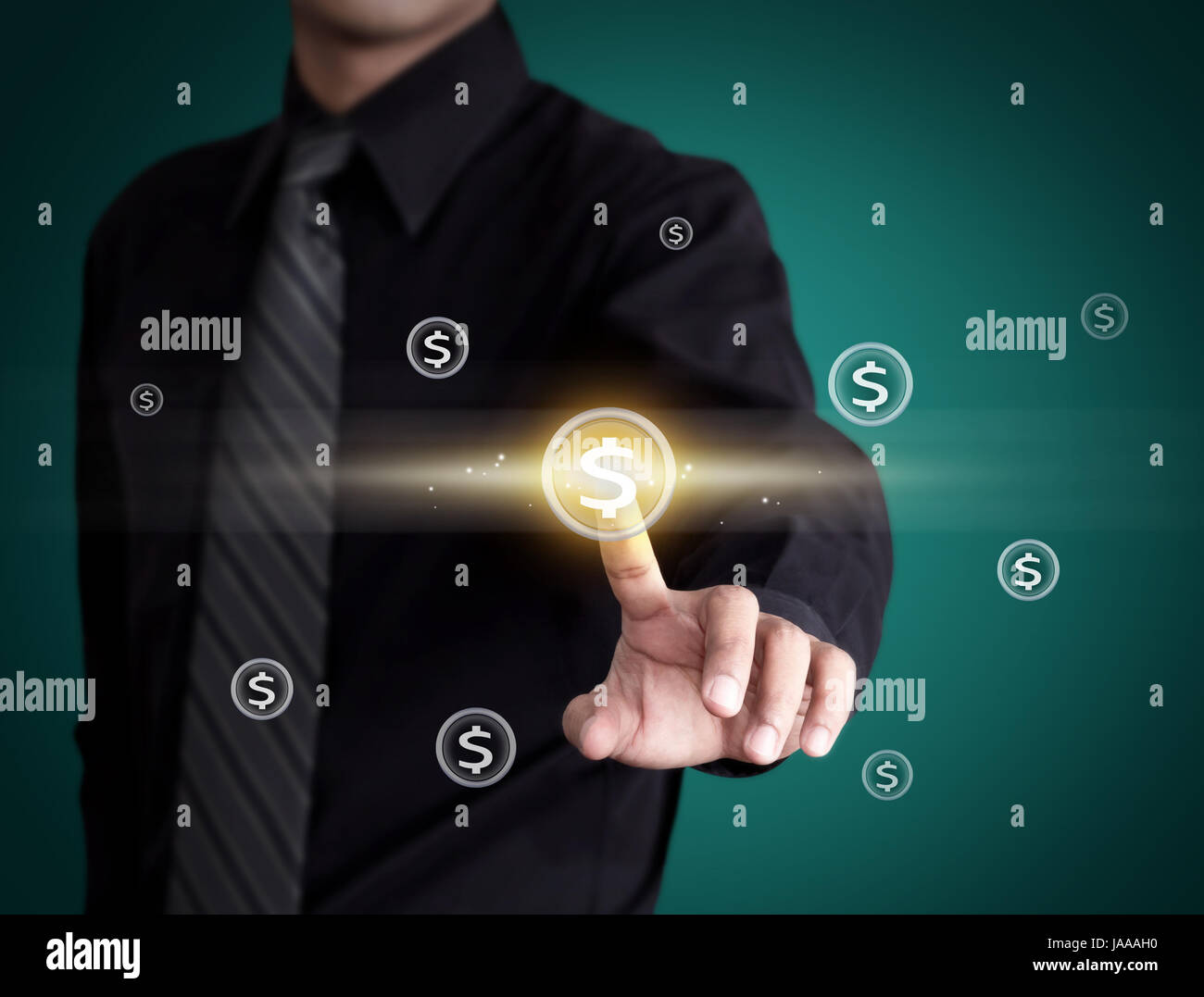 Business-Mann Geld-Symbol drücken Stockfoto