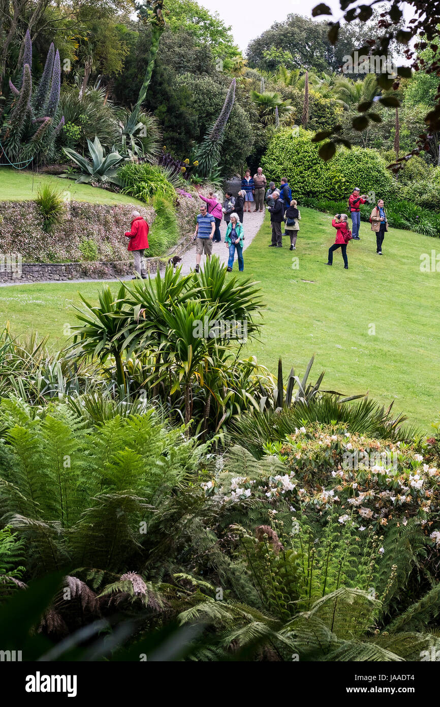 Touristen besuchen die subtropischen Trebah Garten in Cornwall. Stockfoto