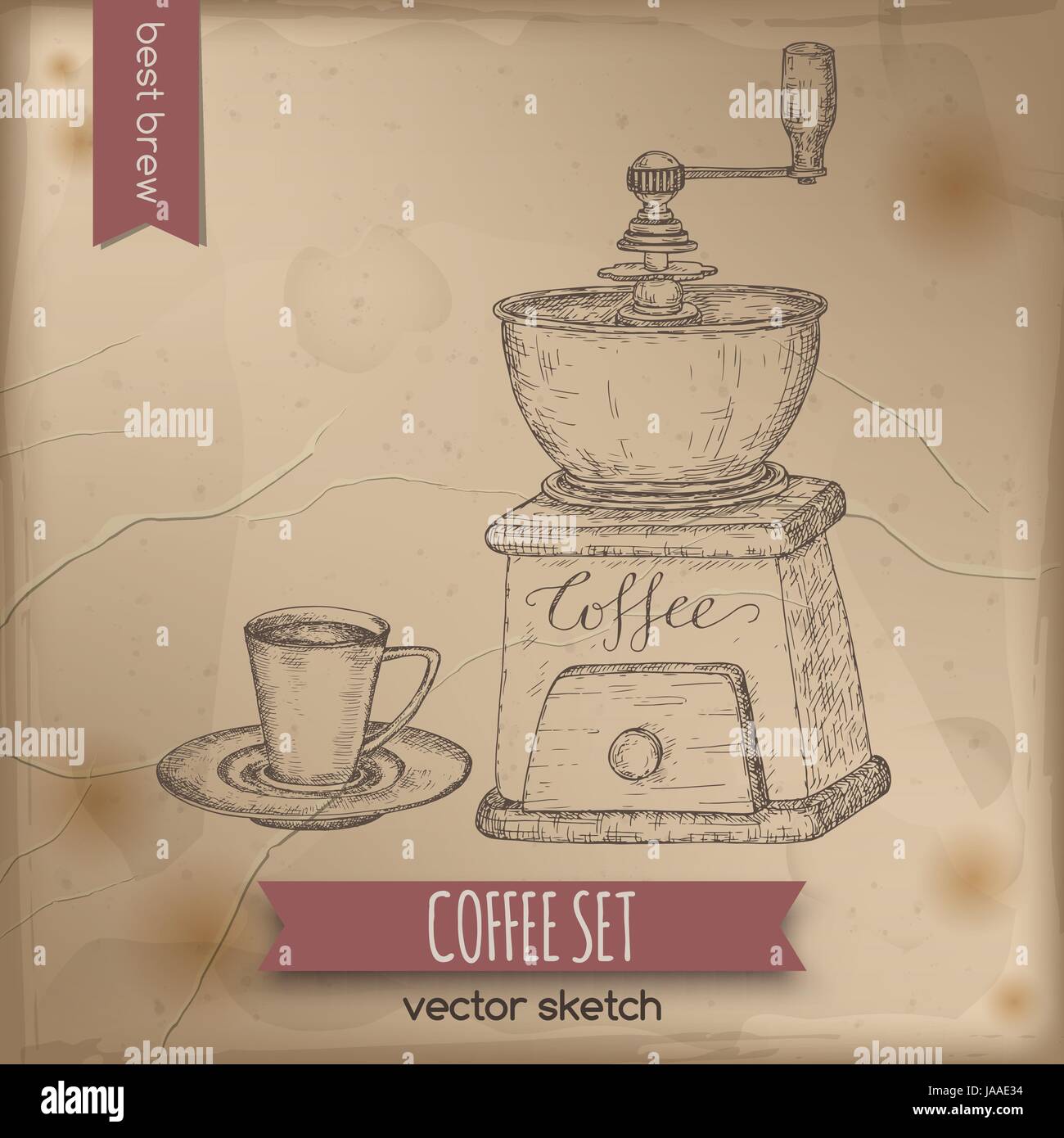 Vintage Kaffeemühle und Kaffeetasse skizzieren. Stock Vektor