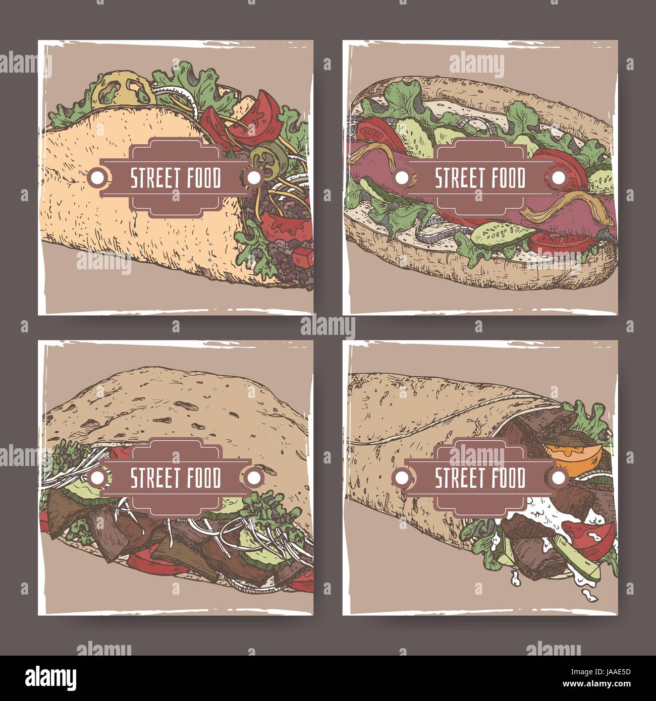 Vier Farben Banner mit Hot Dog und Taco, Döner und Döner skizzieren ...