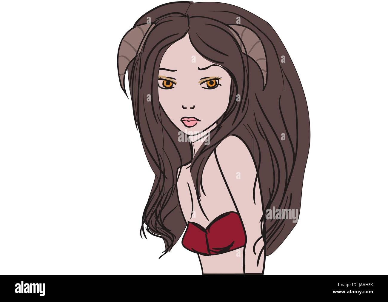 Dryade-Mädchen mit Hörnern und langen Haaren auf hellem Hintergrund Stock Vektor