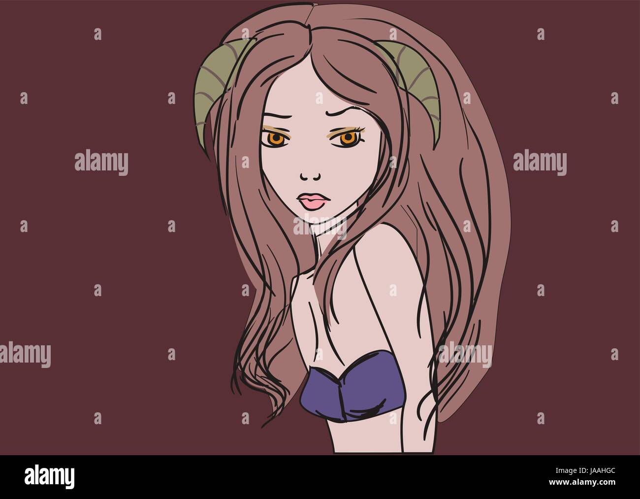 Dryade-Mädchen mit Hörnern und langen Haaren auf dunklem Hintergrund Stock Vektor