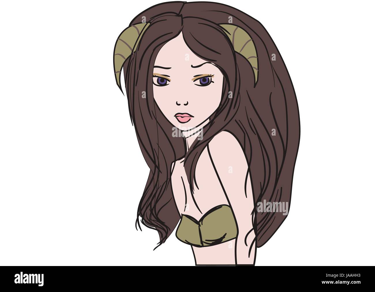 Dryade-Mädchen mit Hörnern und langen Haaren auf hellem Hintergrund Stock Vektor