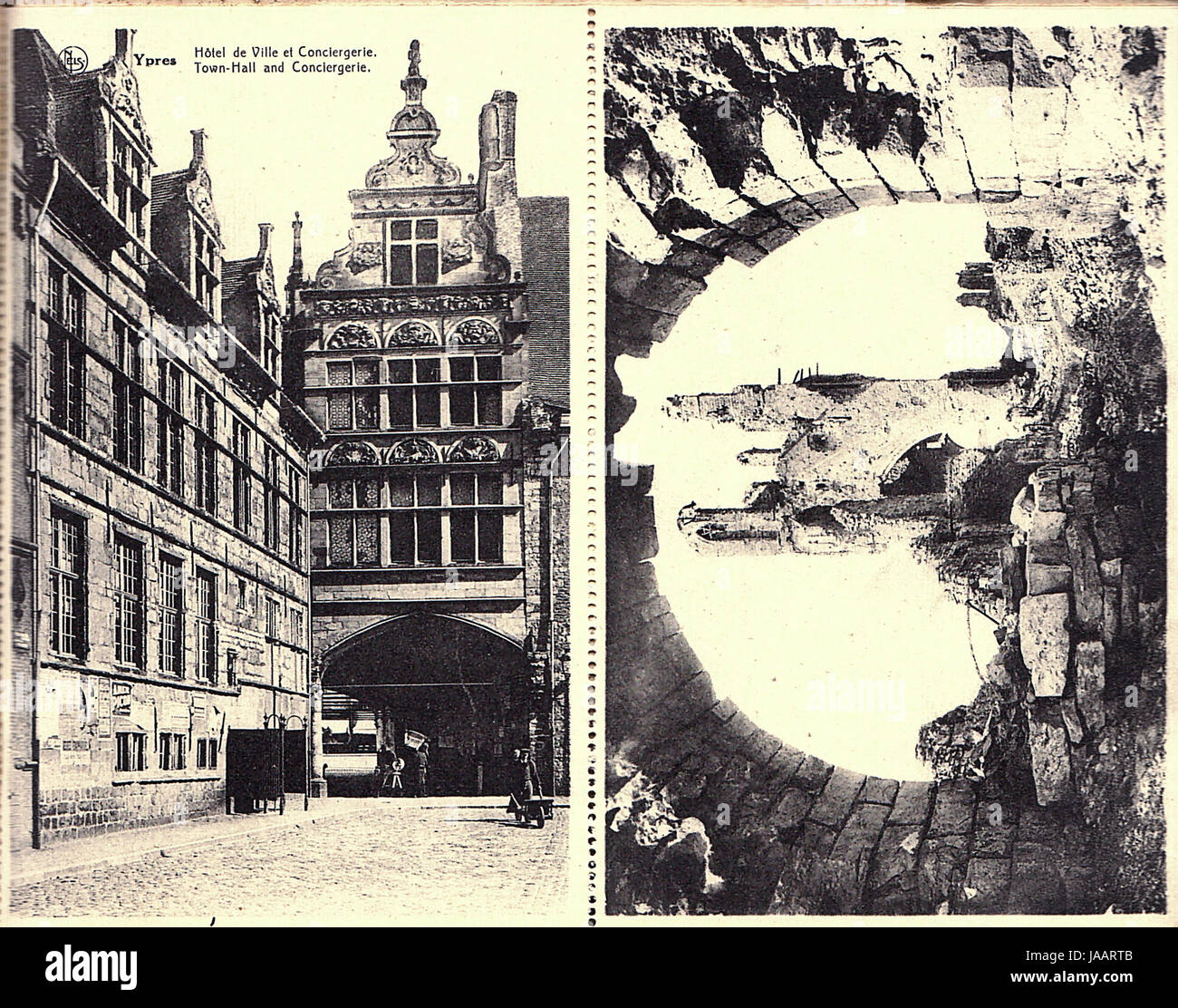 Erster Weltkrieg Artillerie Zerstörung der Ypern - vor & nach Bilder veröffentlicht 1920: Rathaus & Concierge Stockfoto