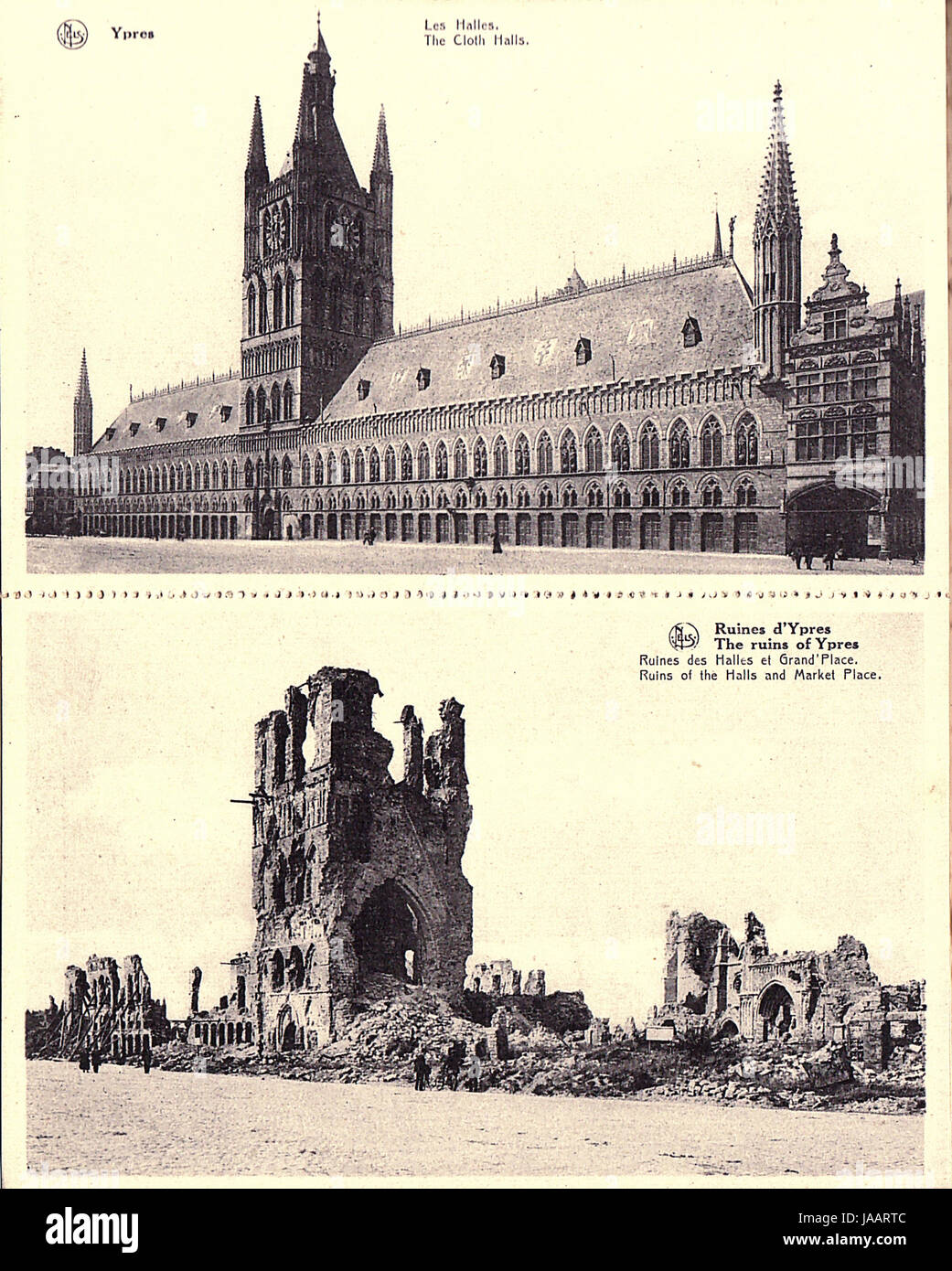 Erster Weltkrieg Artillerie Zerstörung der Ypern - vor & nach Bilder veröffentlicht 1920: Tuchhallen & Marktplatz Stockfoto